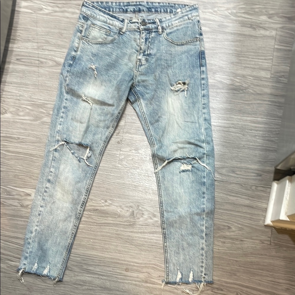 Blue Skinny Distressed Jeans with Raw Hem